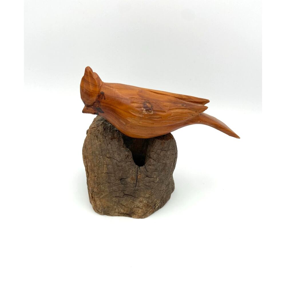 Wooden Cardinal on Driftwood Carving John Cowden Woodcarvers Sevierville TN READ
